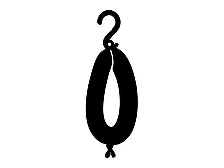 Black silhouette of sausage hanging on hook, isolated on white background. concept of food, meat product, cooking ingredient, charcuterie, culinary symbol, design element.のイラスト素材