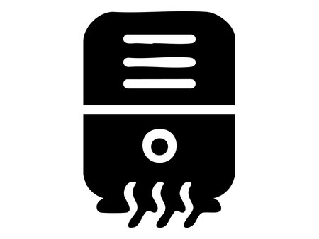 Black silhouette icon of heater with steam on white background. concept of home appliance, heating, warmth, comfort, interior design, winter, isolated, modern icon.のイラスト素材
