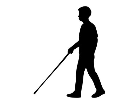 Black silhouette of person using walking cane, concept of disability, accessibility icon, inclusive design, isolated on white background.のイラスト素材
