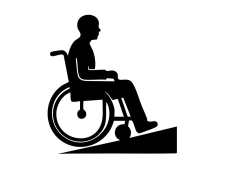 Black silhouette of person with disability in wheelchair on ramp isolated on white background. concept of accessibility, mobility aid, inclusive design, disabled icon, health awareness.のイラスト素材