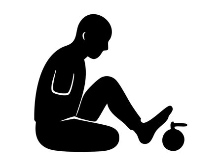 Silhouette of disabled man with amputated arm sitting on floor and holding object with foot, isolated on white background. Concept of disability, adaptation, resilience, inclusive design.のイラスト素材
