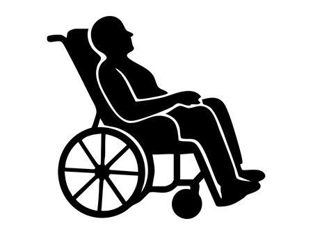 Silhouette of disabled person sitting in wheelchair reclined backward, isolated on white background. Concept of mobility assistance, disability care, medical equipment, rehabilitation, healthcare.のイラスト素材