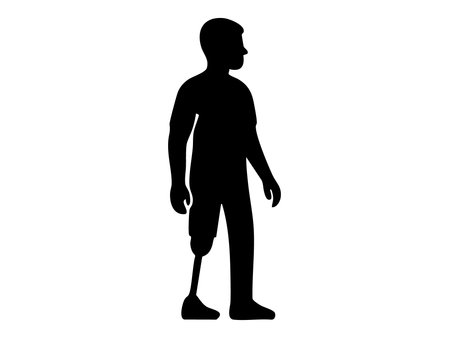 Silhouette of boy with prosthetic leg standing, isolated on white background, graphic illustration. Concept of child disability, prosthesis, inclusive childhood, design element.のイラスト素材