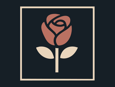 Stylized rose icon with leaves framed on dark background, graphic illustration. concept of floral decoration, design element, nature art, romantic symbol, plant motif.のイラスト素材