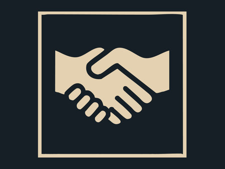 Minimalist handshake icon in square frame, concept of agreement, cooperation, business deal, teamwork, partnership symbol, black and white graphic design element.のイラスト素材