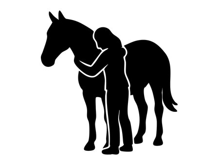 Black silhouette of woman embracing horse, isolated on white background. concept of friendship, companionship, equestrian, animal care, bond, pet, love, affection, design element.のイラスト素材