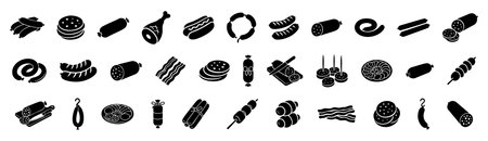Set of Black silhouettes of various meats and sausages isolated on white background. concept of food icons, butcher shop, delicatessen items, cooking ingredients, design elements.のイラスト素材
