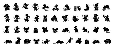 Set of black silhouette mice in various playful scenarios, isolated on white background. concept of cute mouse characters, children toys, nature, wildlife, rodents, kids icons, design elements.のイラスト素材