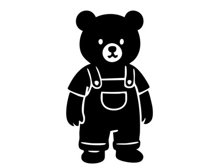 Black silhouette of toy bear wearing overalls standing, isolated on white background. concept of cute stuffed animal, kids toy, playtime, baby gift, icon, design element.のイラスト素材