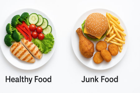 Healthy food vs junk food: grilled chicken with vegetables compared to burger with fries and fried...