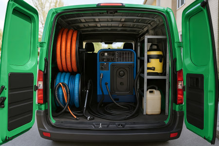 Interior of a carpet cleaning van with professional equipment including hoses, vacuum, and machine...