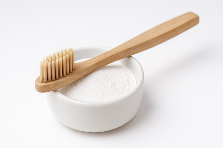 Eco friendly bamboo toothbrush resting on bowl filled with natural toothpowder. concept of sustainable oral hygiene, zero waste lifestyle, environmentally conscious living.の写真素材