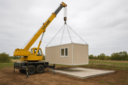 Yellow crane lifting prefabricated module on construction site during overcast day. concept of construction, heavy machinery, building installation.の写真素材
