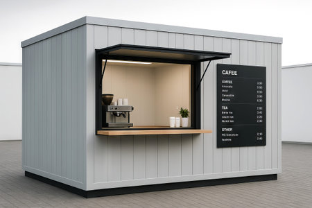 Modular outdoor cafe with simple menu offering coffee and tea variety in a contemporary setting. concept of casual dining, quick service, modern cafe aesthetic.の写真素材