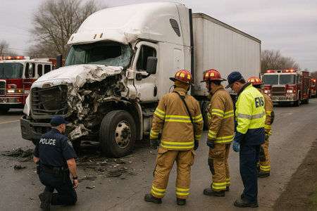 Emergency response scene featuring first responders, police, and firefighters assessing a damaged...