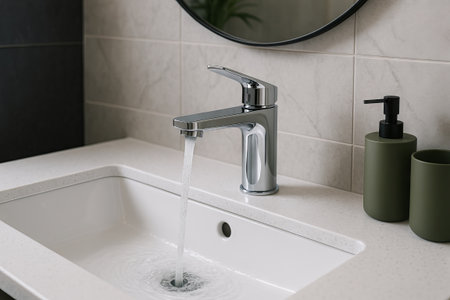 Sleek bathroom faucet with flowing water in minimalist design and simple decor for modern homes.の写真素材