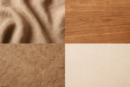 Organic textures featuring smooth fabric, polished wood, rough stone, and matte paper in earthy...
