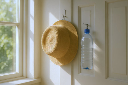 Straw hat and plastic bottle hanging on door in sunny room. concept of summer, home decor,...