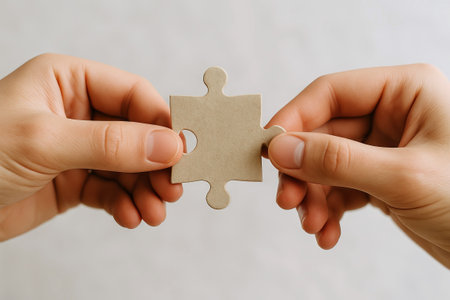 Hands holding a simple puzzle piece indoors with neutral background. concept of teamwork, problem...