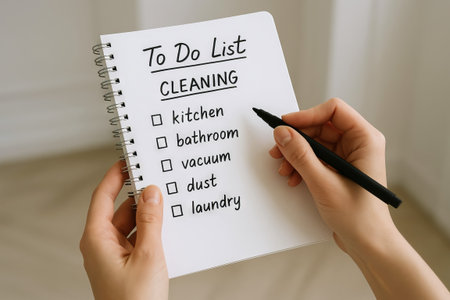 To-do list for cleaning with tasks for kitchen, bathroom, vacuum, dust, laundry. concept of...
