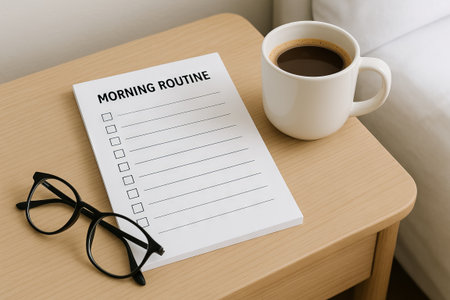 Morning routine checklist with cup of coffee and eyeglasses on wooden table. concept of...