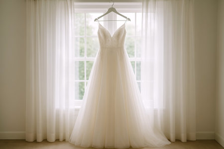 Elegant wedding dress hanging by a sunlit window in a minimalist room. concept of bridal fashion, wedding day preparation, simple elegance.