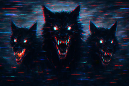 Spooky halloween scene with three menacing wolves in dark background. concept of scary wolf...