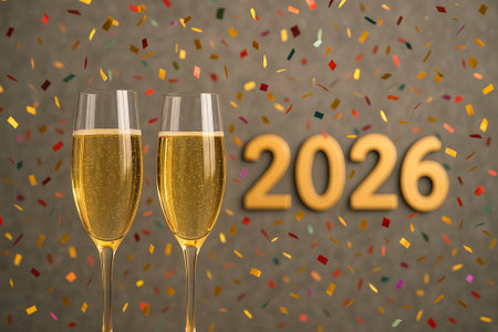 Celebratory new year scene with two champagne glasses and colorful confetti capturing the festive...