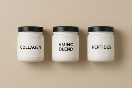 Collagen amino blend and peptides supplement jars on neutral background. concept of health nutrition...
