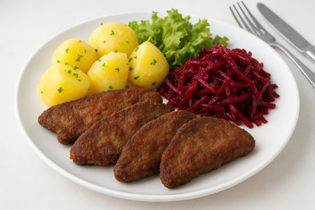 Savory pork with vegetables on a plate displaying potatoes, beets, and lettuce. concept of homemade...