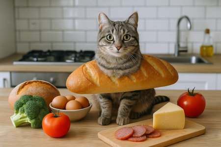 Cute tabby cat with baguette on table surrounded by vegetables, eggs, cheese, and sausage in cozy...