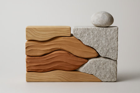 Abstract textured composition of geometric stone blocks with wavy and smooth patterns in natural...