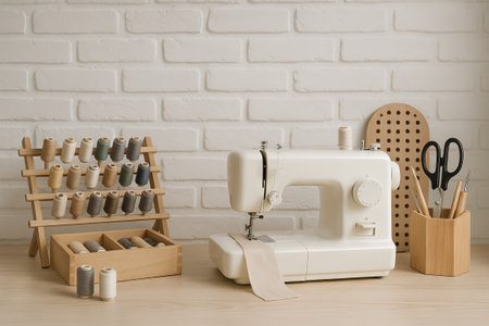 Sewing corner with vintage sewing machine and spools of thread on wooden table in cozy craft room....