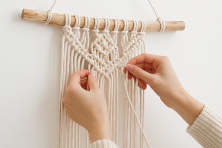 Hands crafting macrame wall hanging on wooden stick displaying intricate knot patterns in a...