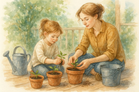 Mother and daughter planting seedlings in pots on a sunny porch. concept of family bonding, gardening activity, nature connection.の写真素材