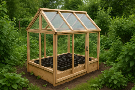 Mini greenhouse in garden surrounded by lush vegetation for simple composting and organic gardening concepts of eco-friendly sustainability and plant growth.の写真素材