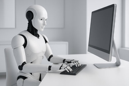 Futuristic robot engaged in typing task at modern office desk. concept of artificial intelligence,...