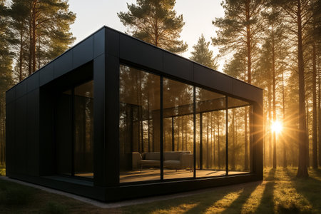 Modern modular house with large glass windows in forest during sunset. Concept of eco-friendly...