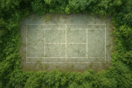 Overgrown abandoned tennis court surrounded by lush green trees seen from above in a serene outdoor...