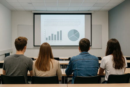 Group of students engaged in classroom presentation watching graphs and charts on a projector...