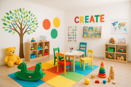 Colorful children's studio with educational toys and creative decor for playful learning...
