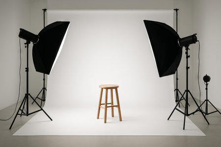 Photography studio with soft lighting featuring a wooden stool, studio lights, and reflectors for...