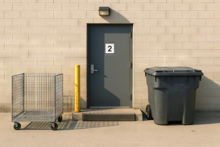 Industrial loading dock with empty cart and trash bin near service door on sunny day. concept of...