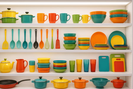 Colorful kitchenware display featuring bowls, plates, cups, and utensils arranged on a shelf in a...
