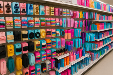 Colorful hair accessories displayed on store shelves in a vibrant collection of scrunchies, brushes,...
