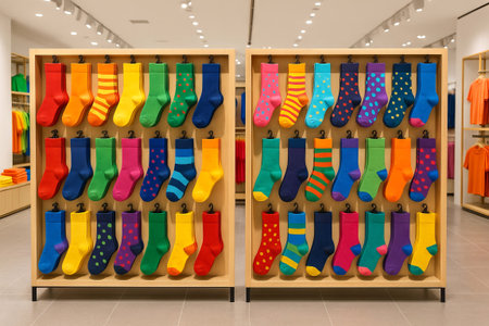 Colorful socks displayed in a modern store setting highlighting vibrant patterns and bright colors....