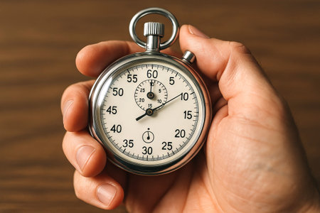 Close-up of a hand holding a stopwatch on a wooden table. concept of time management, precision,...