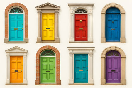 Vibrant collection of colorful doors showcasing unique architectural styles and bold hues. concept...