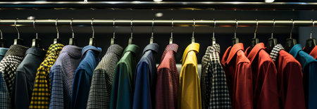 Row of colorful shirts neatly hung on hangers in a closet. concept of fashion, clothing...