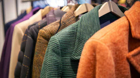 Stylish boutique clothing rack showcasing a variety of fashionable coats in diverse textures and...